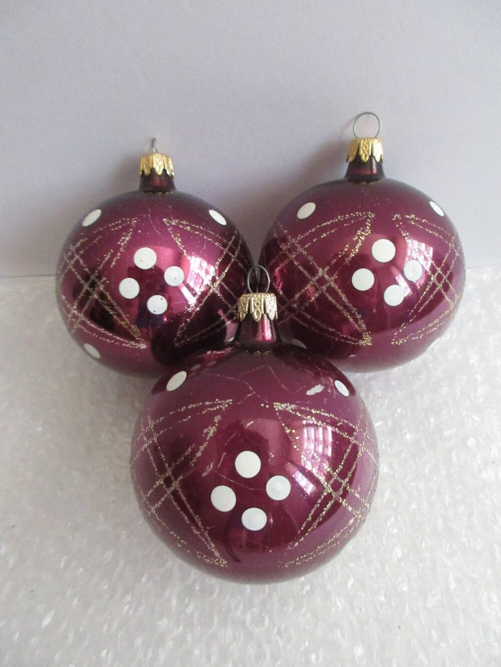 3  Glass Christmas Ornaments Burgandy Red Purple Gold Glitter Made in Colombia